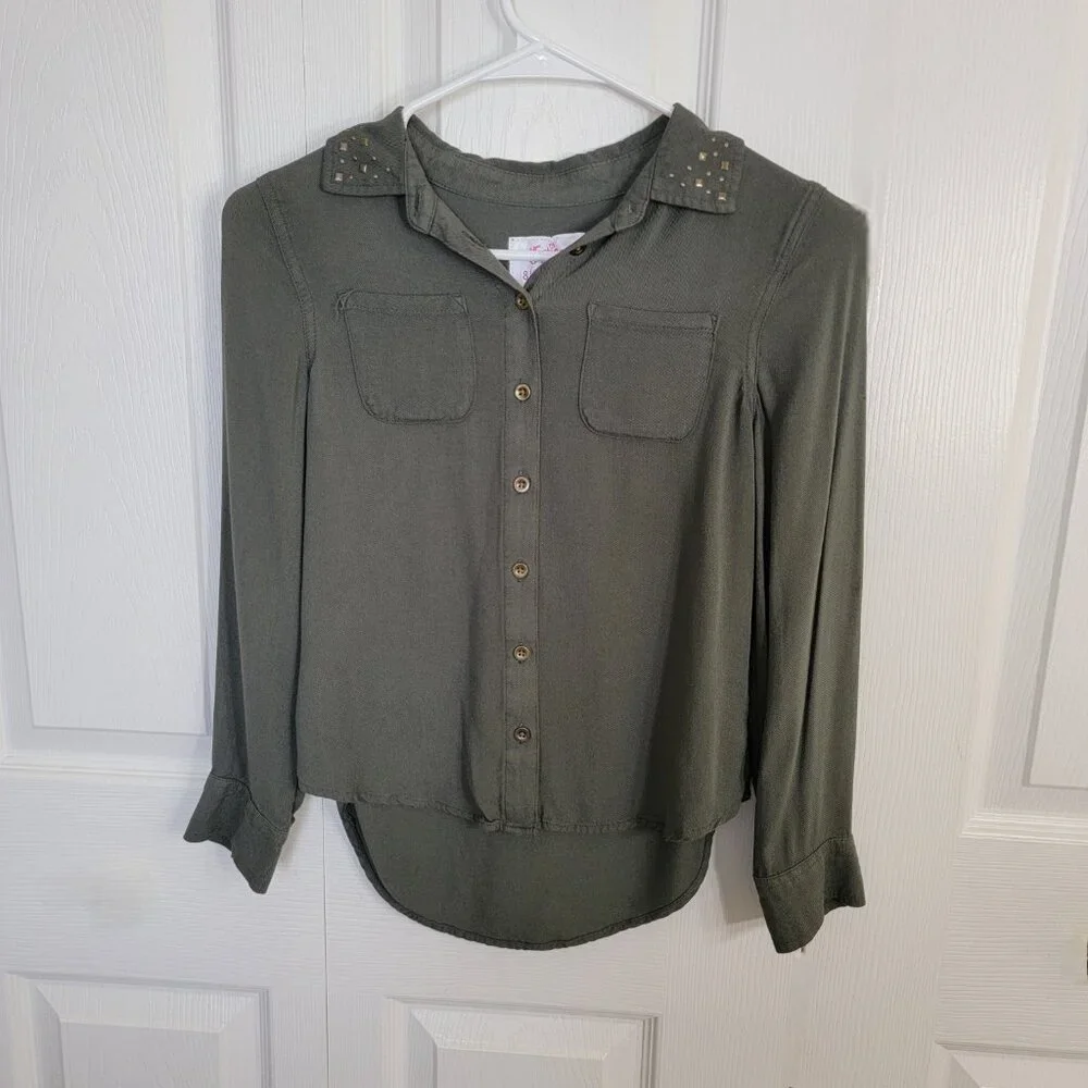 Justice Girls Button Down Shirt Olive Green 8 Long Sleeve Bronze Studs